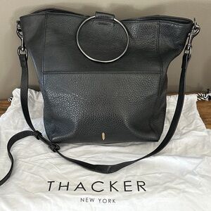 Thacker New York Black Leather Shoulder Bag with Ring Accent
